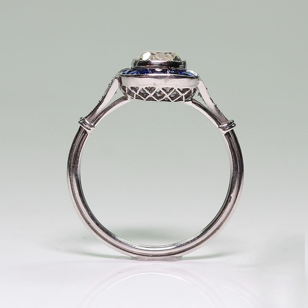 Women's or Men's Contemporary Handmade Platinum 1.1 Antique Old Mine Diamond and Sapphire Ring