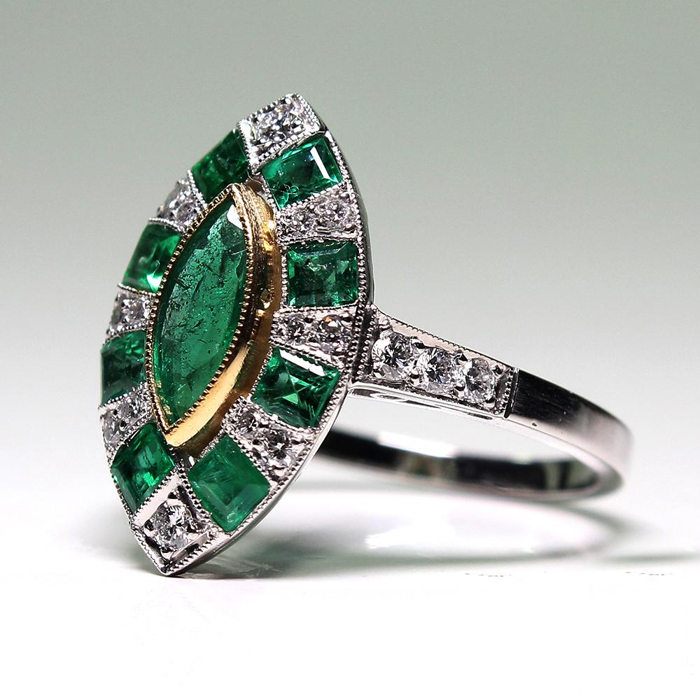 Marquise Cut Contemporary Handmade Platinum 1.4 Carat Emeralds and Diamond Ring