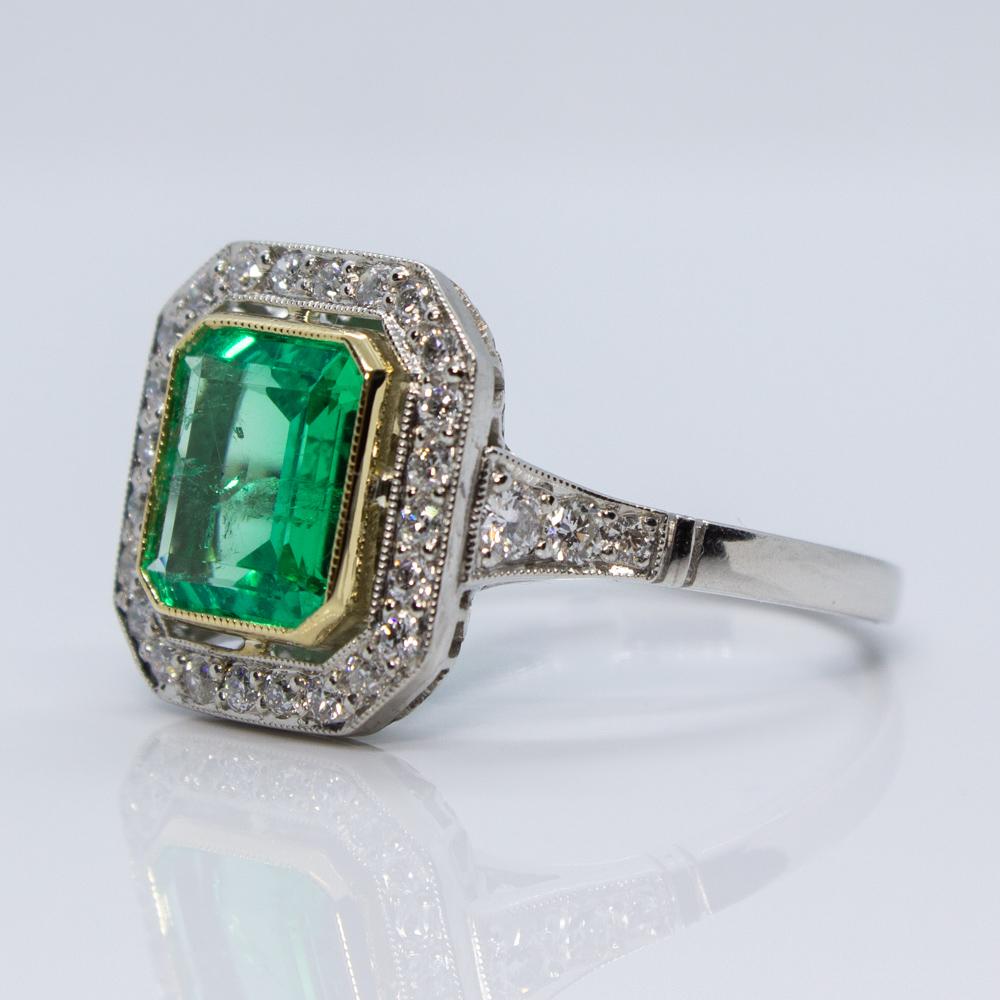 Old Mine Cut Contemporary Handmade Platinum 1.65 Carat Emerald and Diamond Ring