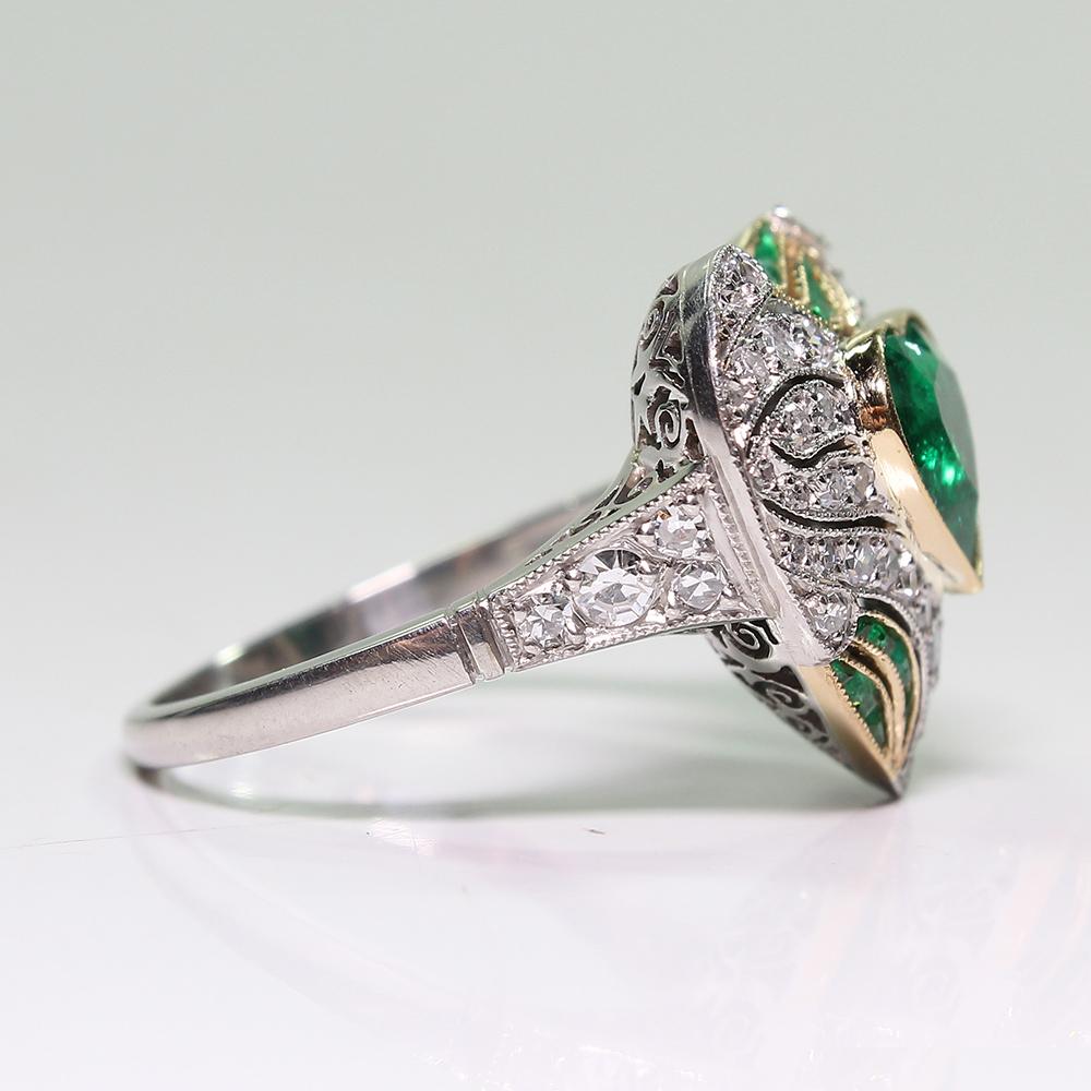 Art Deco Contemporary Handmade Platinum 1.75 Carat Emerald and Diamond Ring