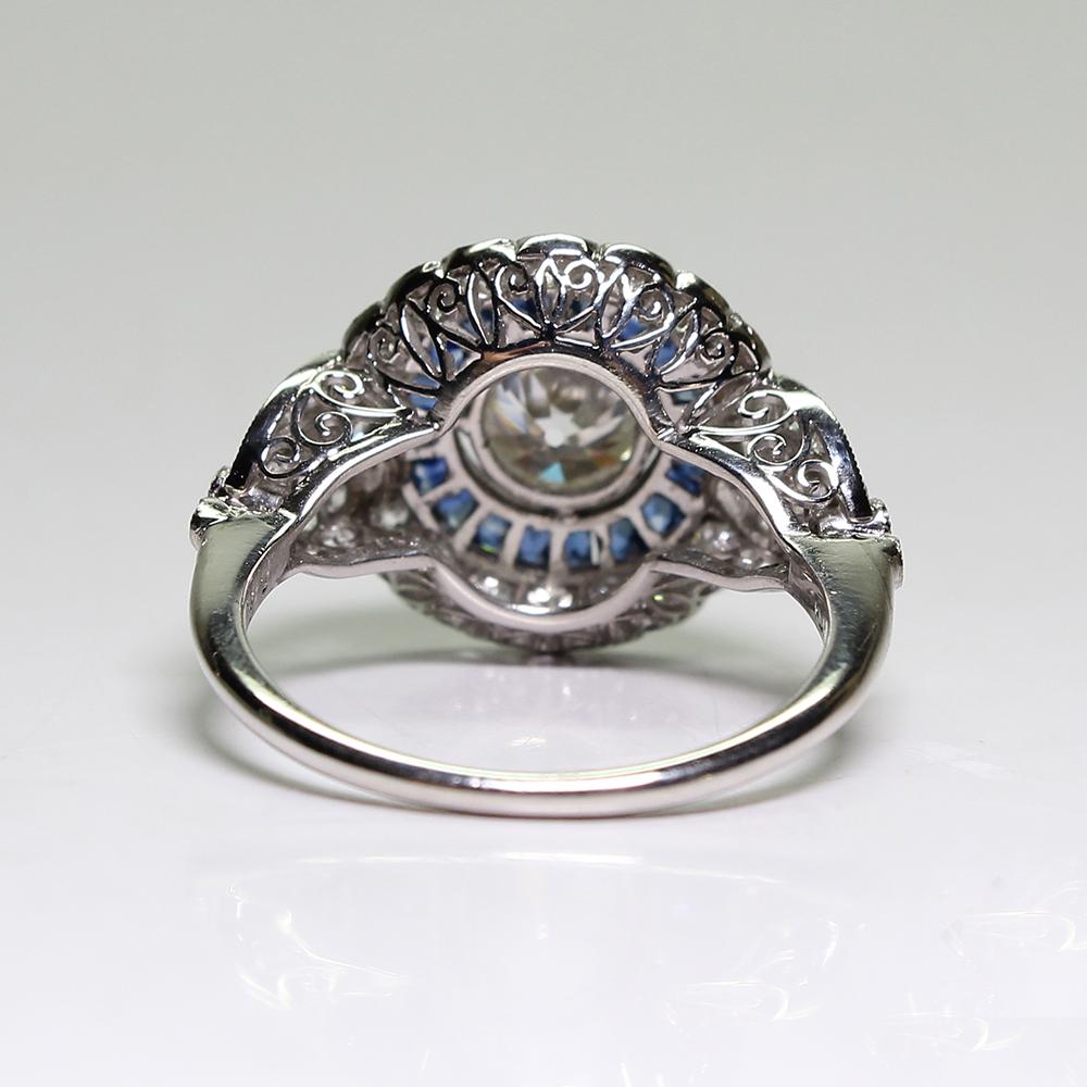 Art Deco Contemporary Handmade Platinum 1.8 Carat Diamond and Sapphire Ring