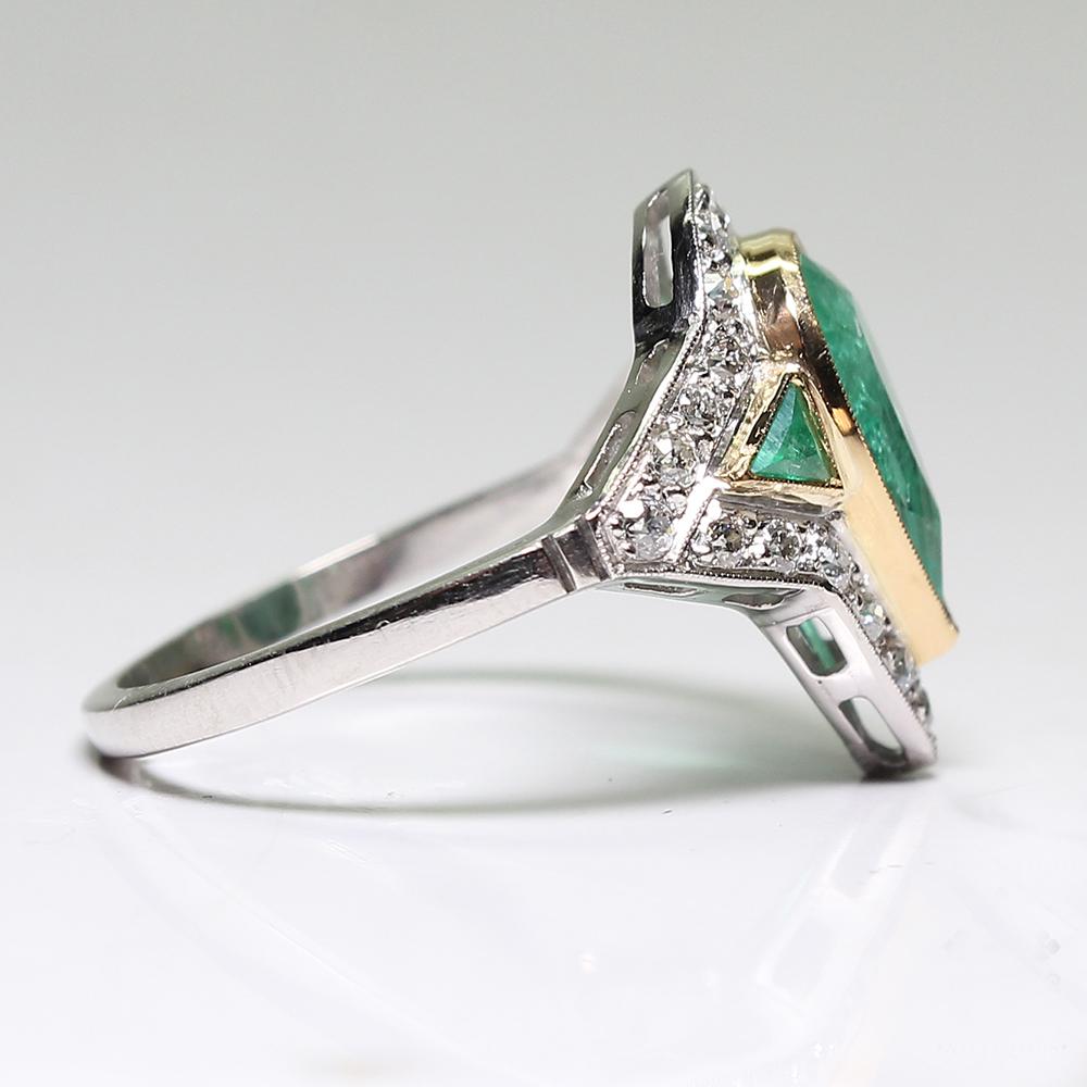 Old Mine Cut Contemporary Handmade Platinum 1.86 Carat Emerald and Diamond Ring