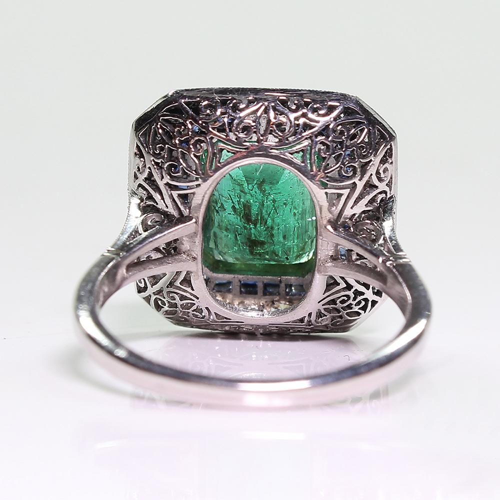 Emerald Cut Contemporary Handmade Platinum 3 Carat Emerald Diamond and Sapphire Ring