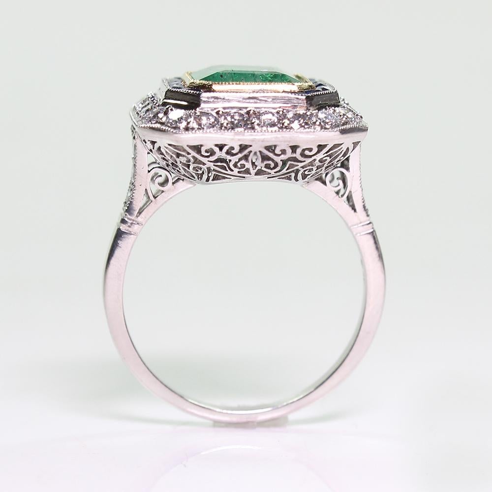 Women's or Men's Contemporary Handmade Platinum 3 Carat Emerald Diamond and Sapphire Ring