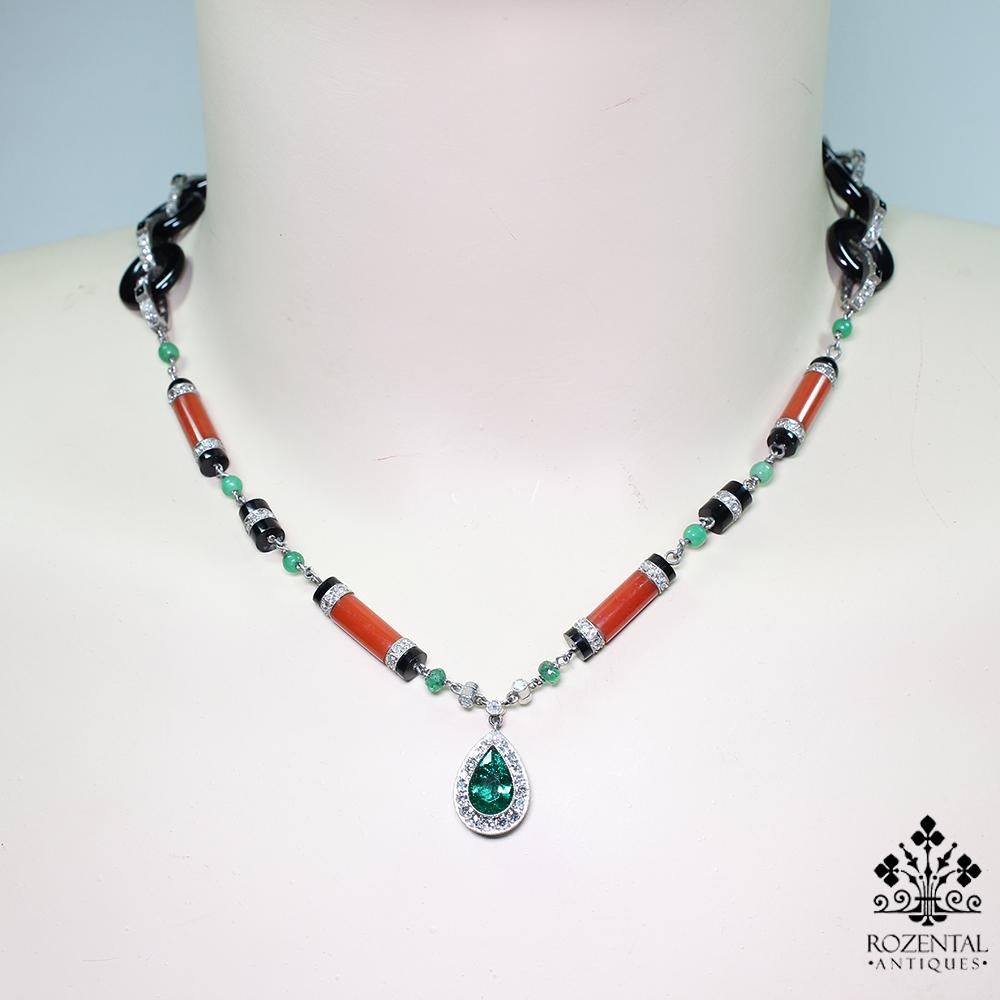 Art Deco Contemporary Handmade Platinum Coral-Onyx and 5.5 Carat Diamond Necklace For Sale
