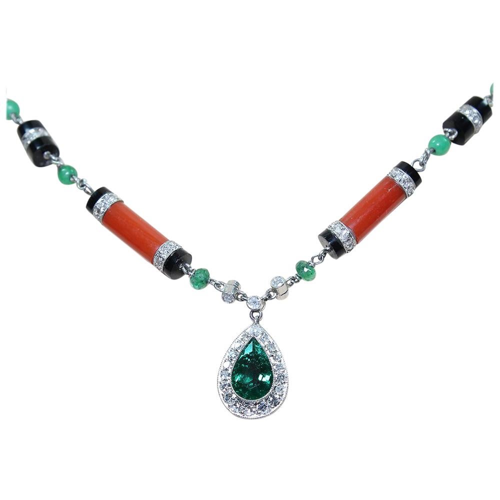 Contemporary Handmade Platinum Coral-Onyx and 5.5 Carat Diamond Necklace For Sale