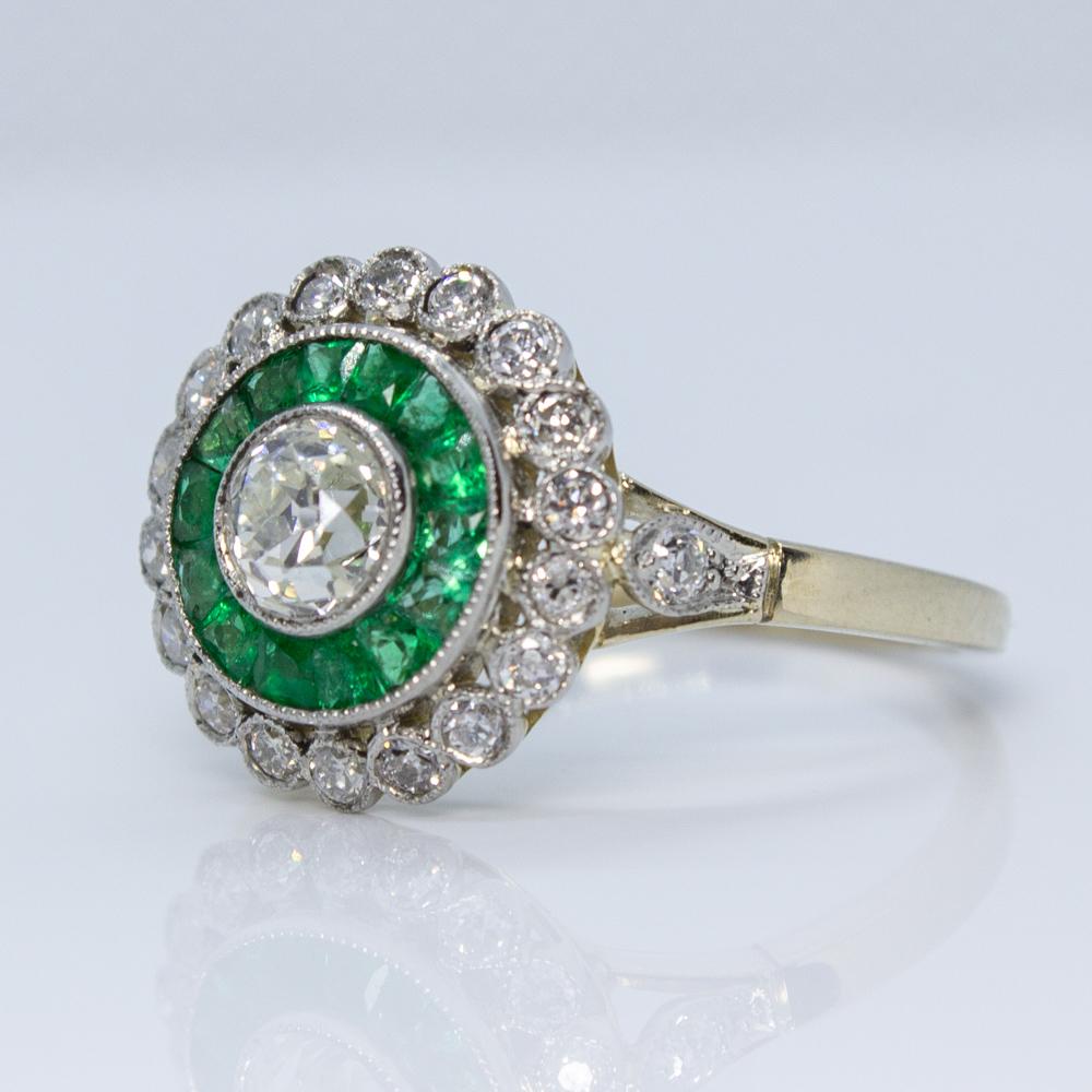 Old Mine Cut Contemporary Handmade Platinum Diamond and Emerald Ring