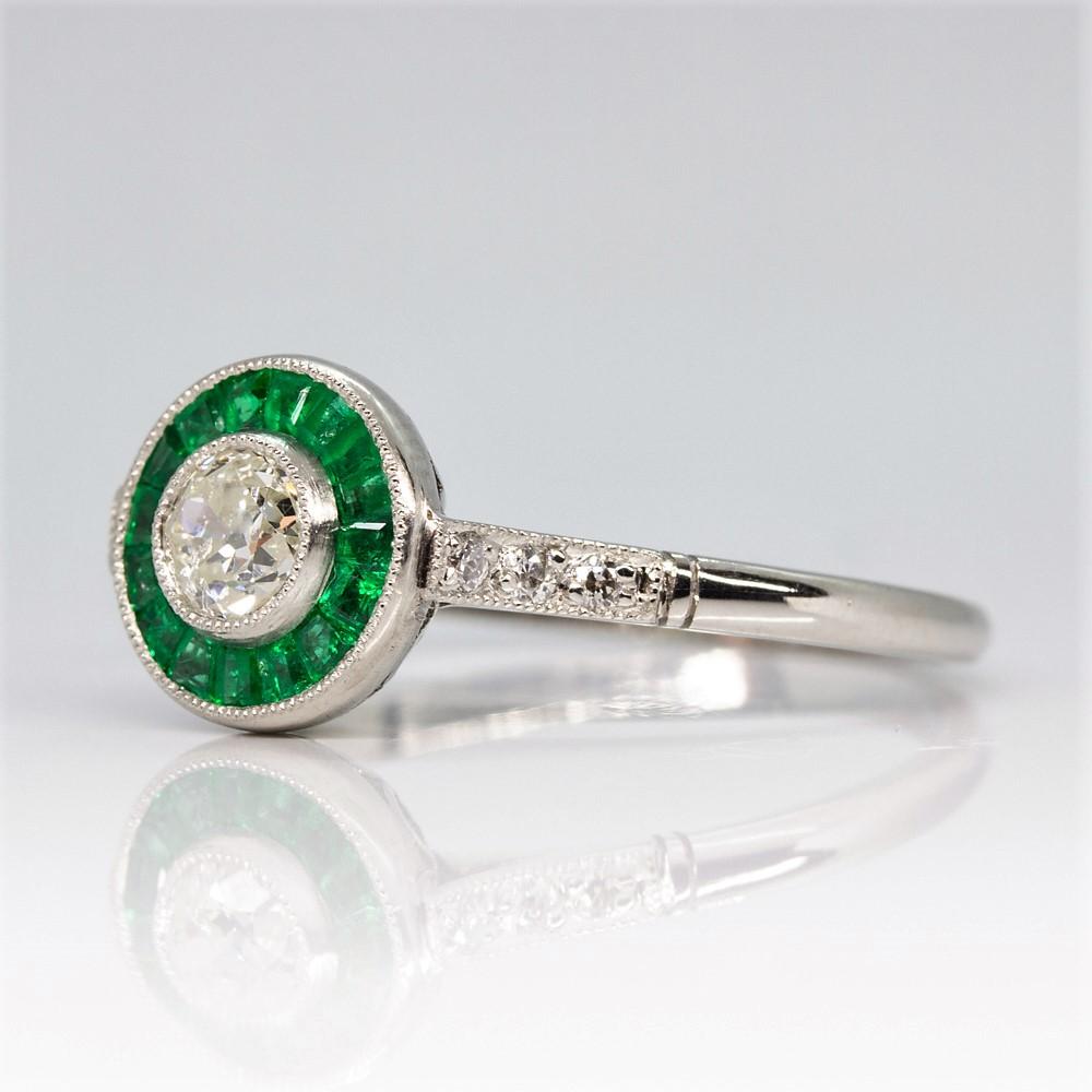 Art Deco Contemporary Handmade Platinum Diamond and Emerald Ring