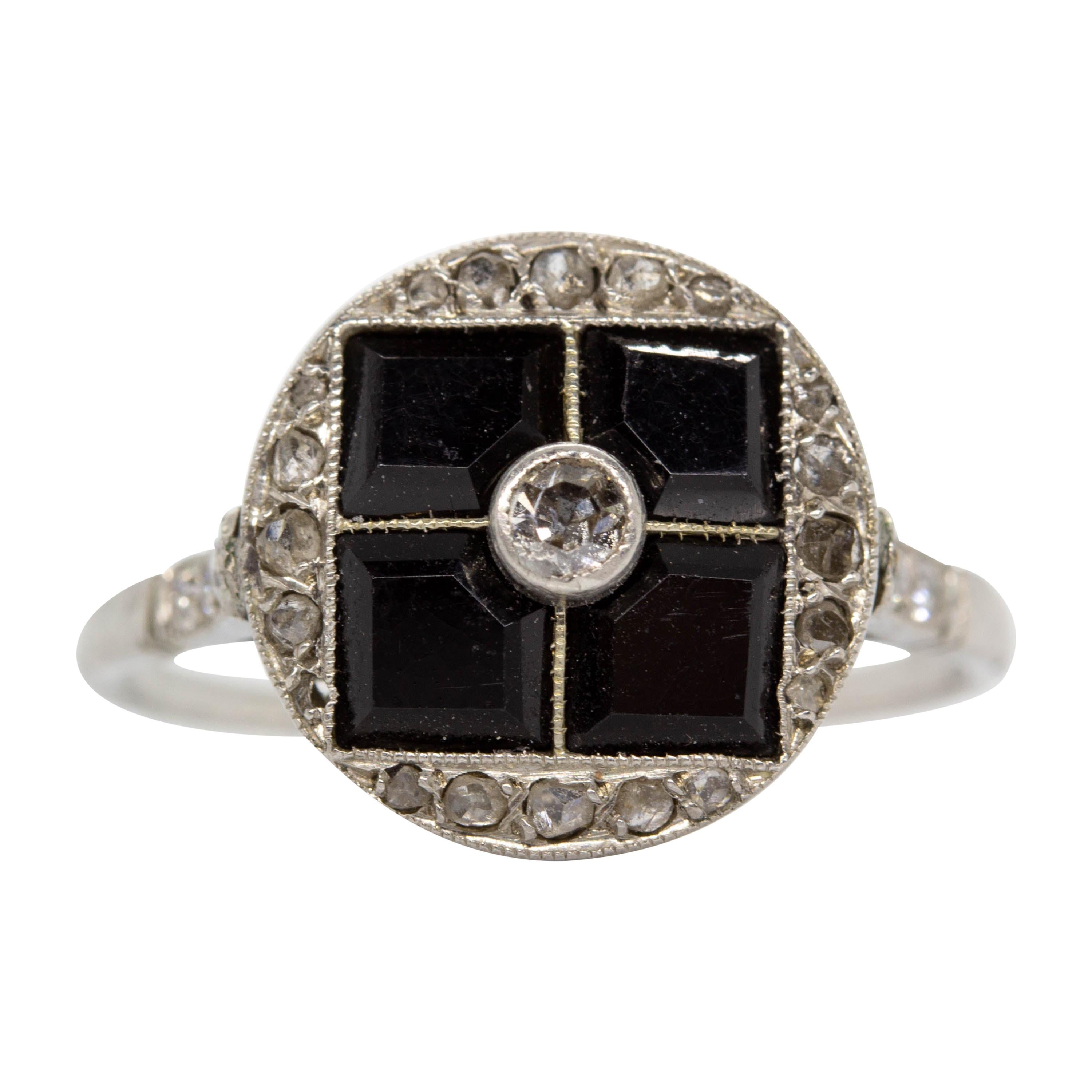 Contemporary Handmade Platinum Diamond and Onyx Ring For Sale