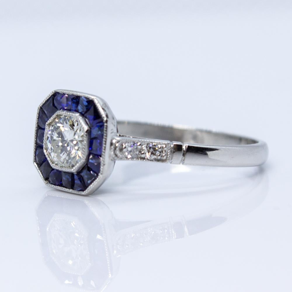 Old Mine Cut Contemporary Handmade Platinum Diamond and Sapphire Ring