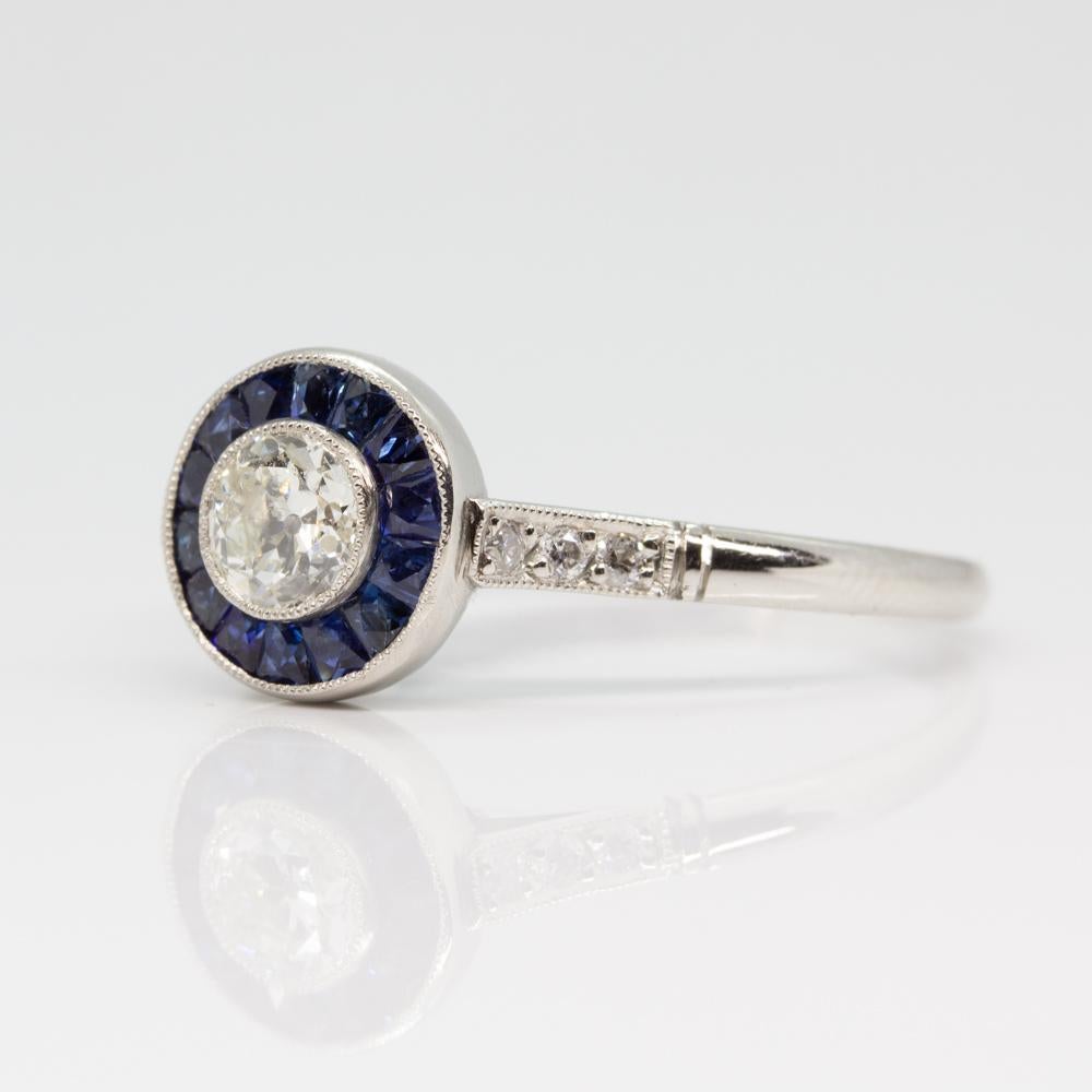 French Cut Contemporary Handmade Platinum Diamond and Sapphire Ring