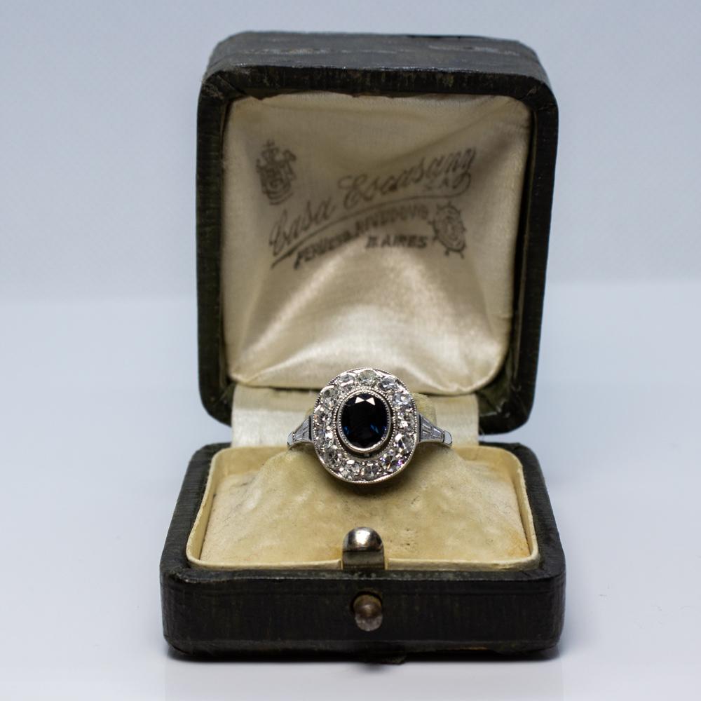Art Deco Contemporary Handmade Platinum Diamond and Sapphire Ring
