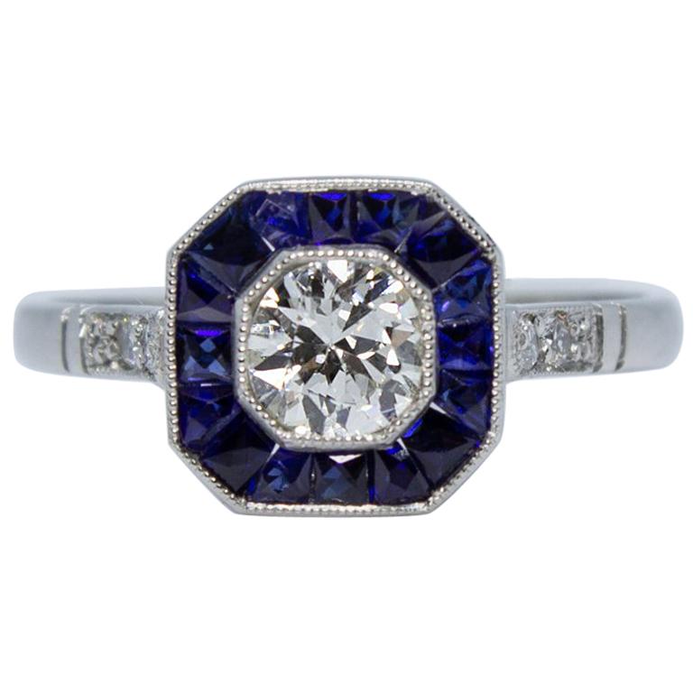 Contemporary Handmade Platinum Diamond and Sapphire Ring
