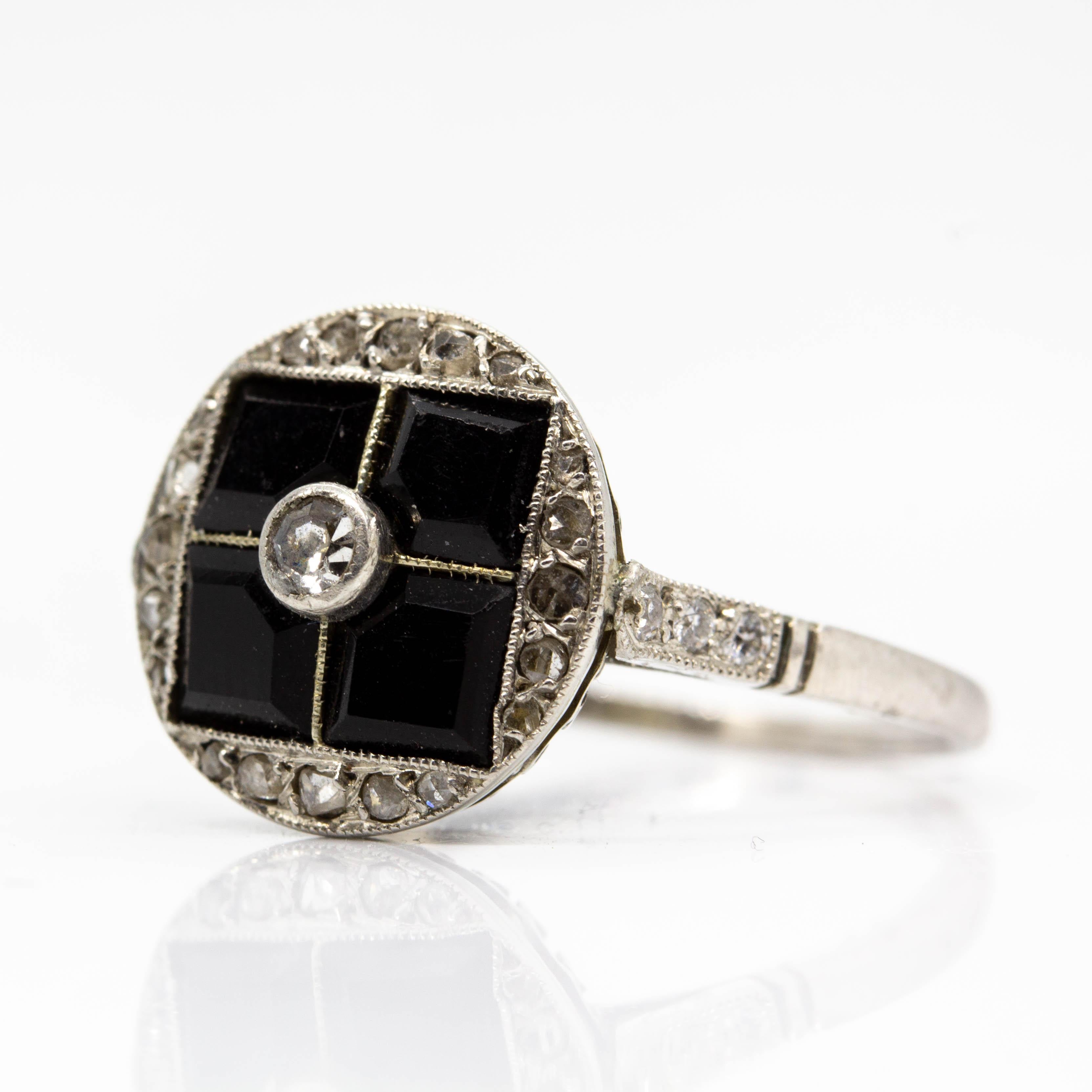 Art Deco Contemporary Handmade Platinum Diamond and Onyx Ring For Sale