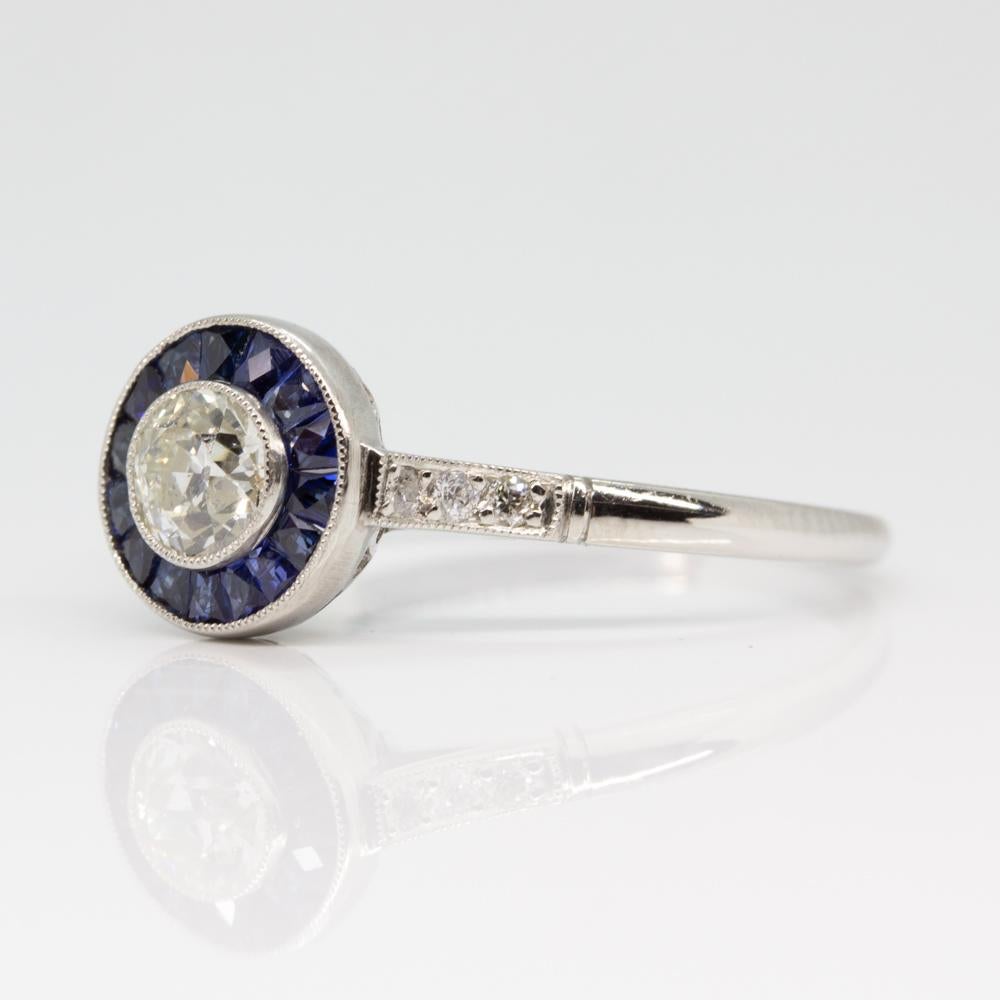 Art Deco Contemporary Handmade Platinum Diamond and Sapphire Ring