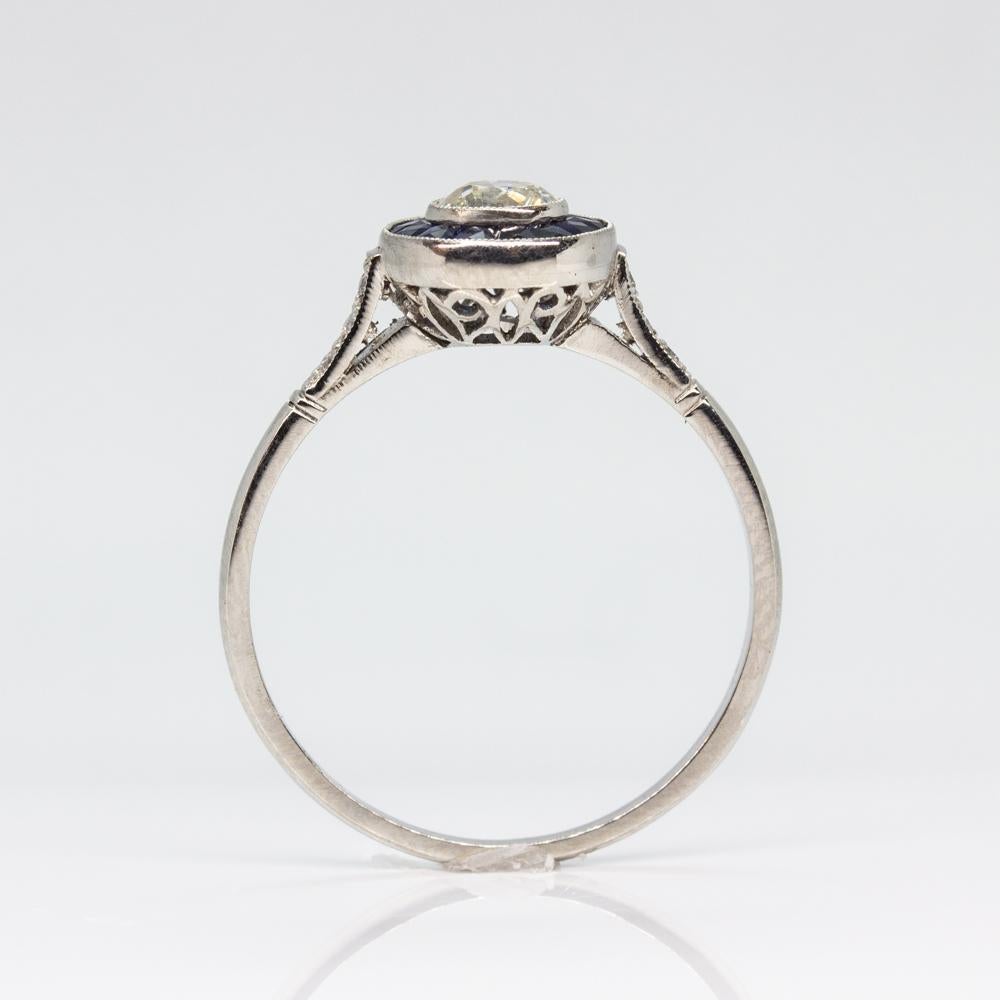 Old Mine Cut Contemporary Handmade Platinum Diamond and Sapphire Ring