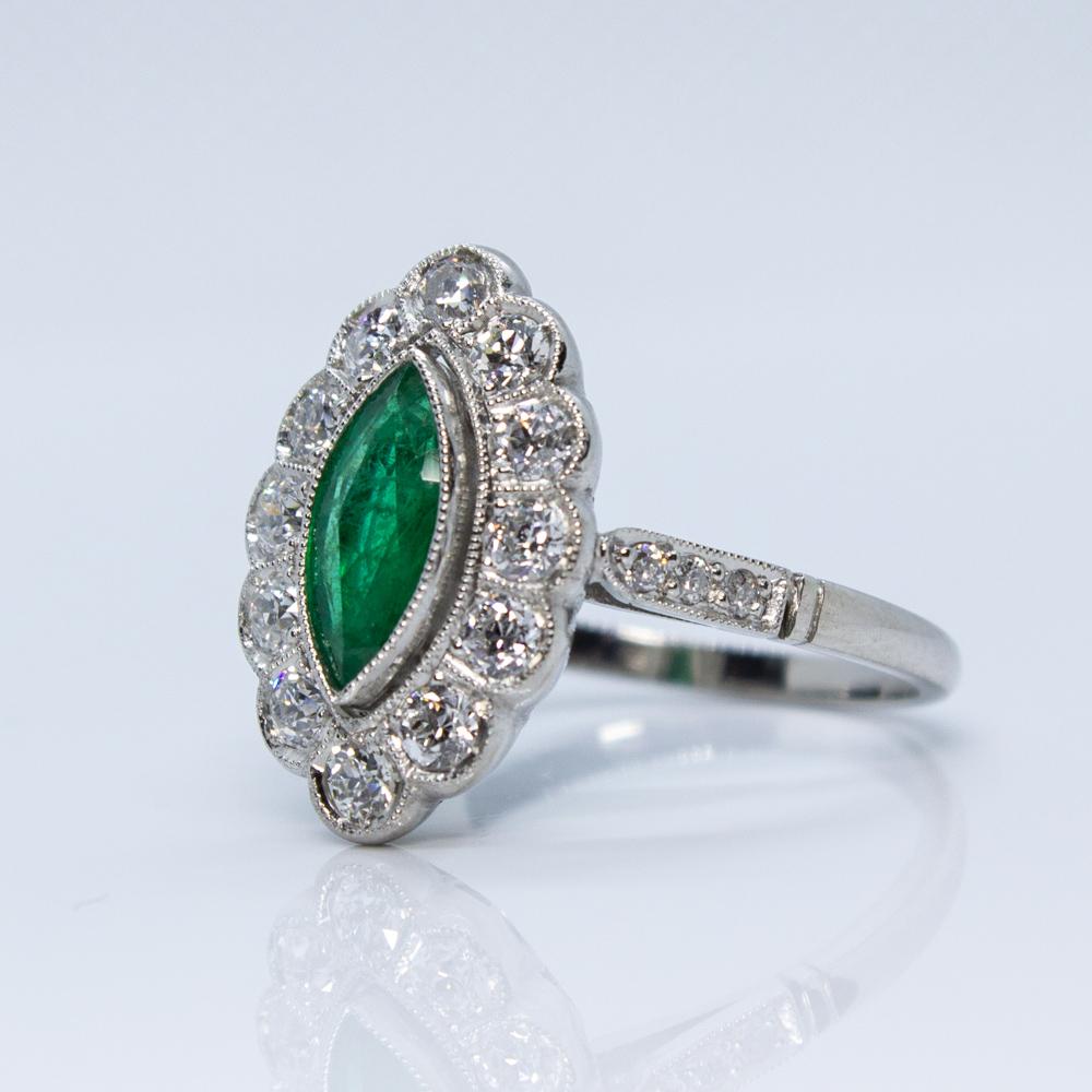 Marquise Cut Contemporary Handmade Platinum Emerald and Diamond Ring
