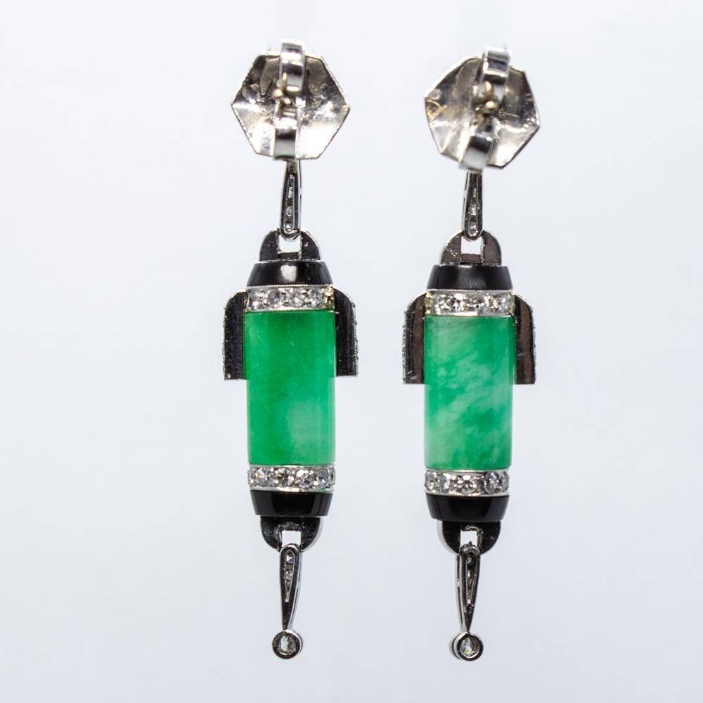 Art Deco Contemporary Handmade Platinum Jade and Diamond Earrings