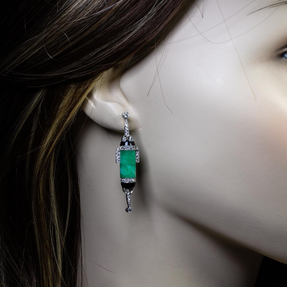 Contemporary Handmade Platinum Jade and Diamond Earrings In Excellent Condition In Miami, FL