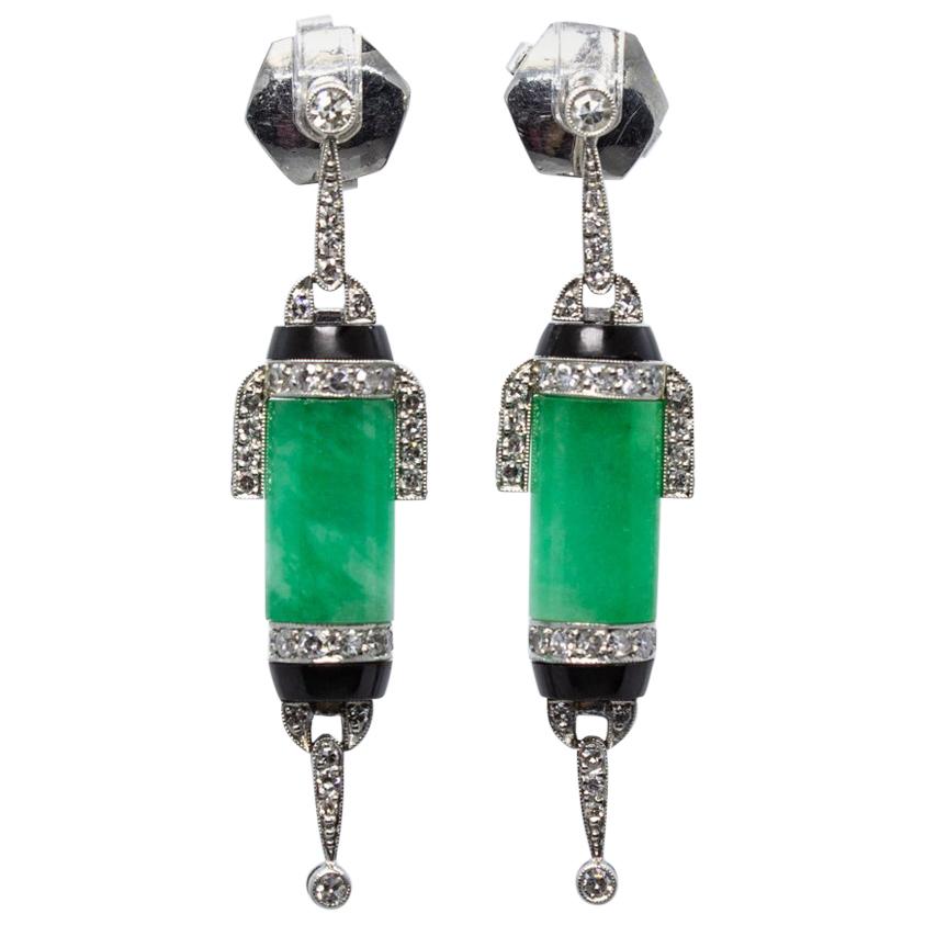 Contemporary Handmade Platinum Jade and Diamond Earrings