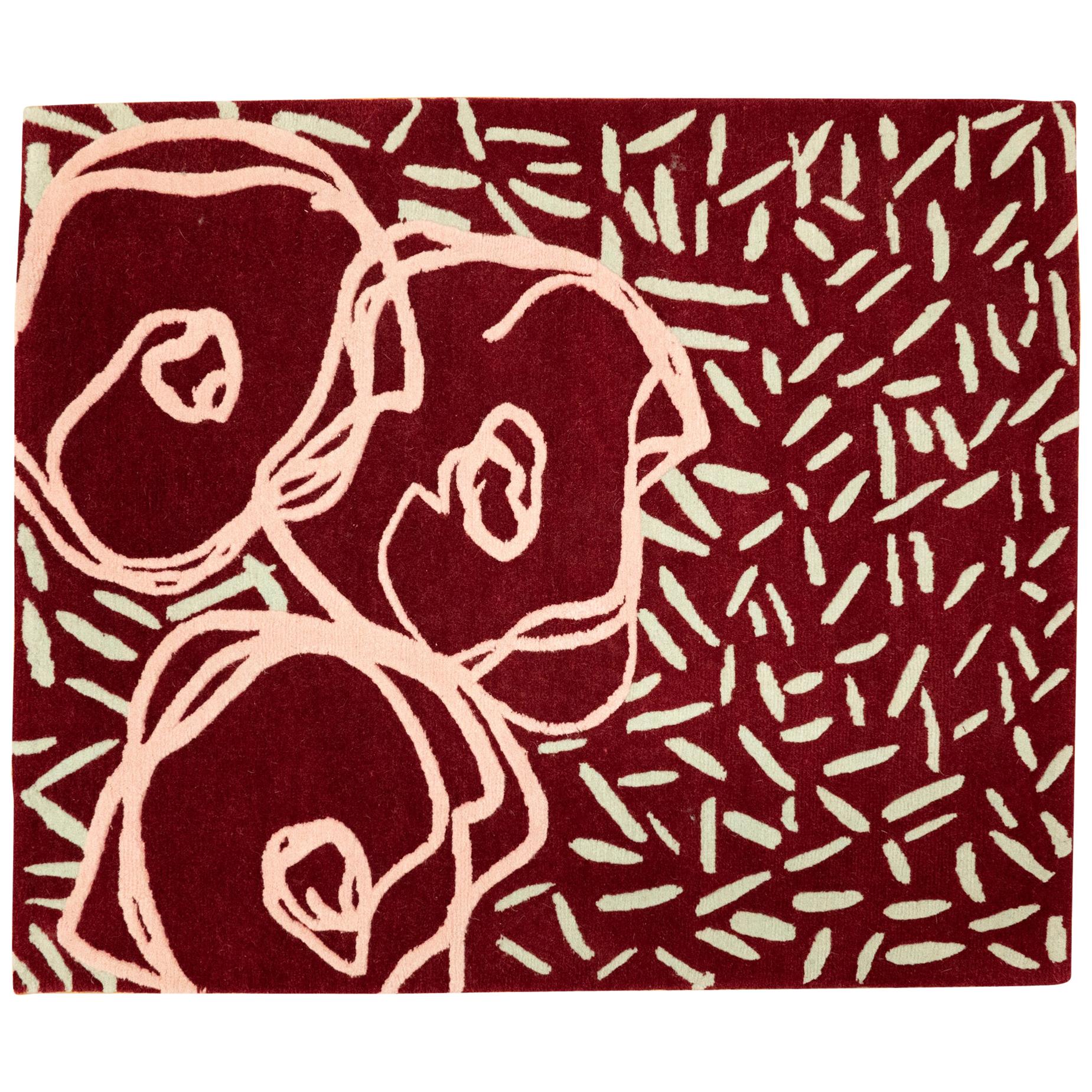 Contemporary Handmade Red Flower Rug, Custom Size and Colors, Ideal for Side Bed