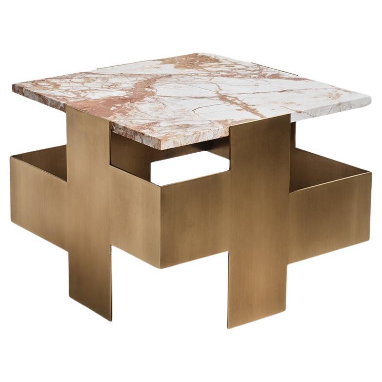 Contemporary Handmade Side Table PSYCHE, Brass Base and Marble Top, by Anaktae