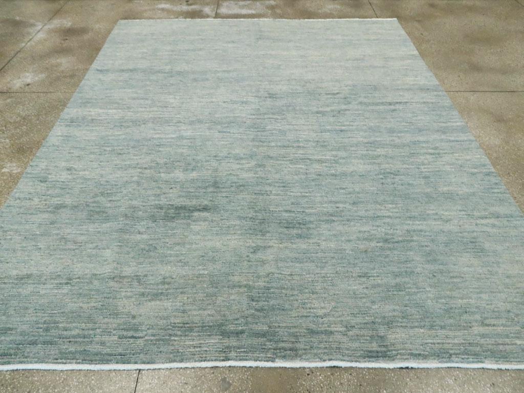 Hand-Knotted Contemporary Handmade Solid Patterned Turkish Room Size Carpet in Seafoam Green
