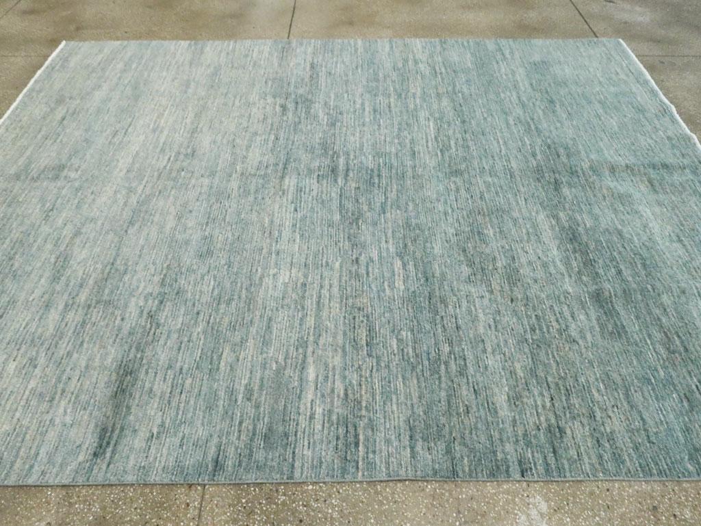 Wool Contemporary Handmade Solid Patterned Turkish Room Size Carpet in Seafoam Green