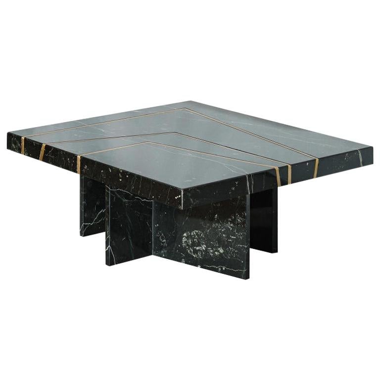 Contemporary Handmade Table "Aeneas" Marble with Brass Linear Pattern by Anaktae