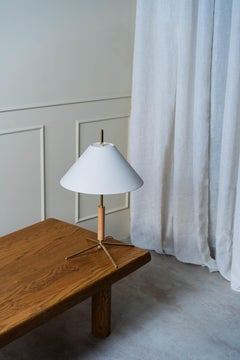 Contemporary, Handmade Table Lamp, White Fabric Shade, Polished Brass & Wood