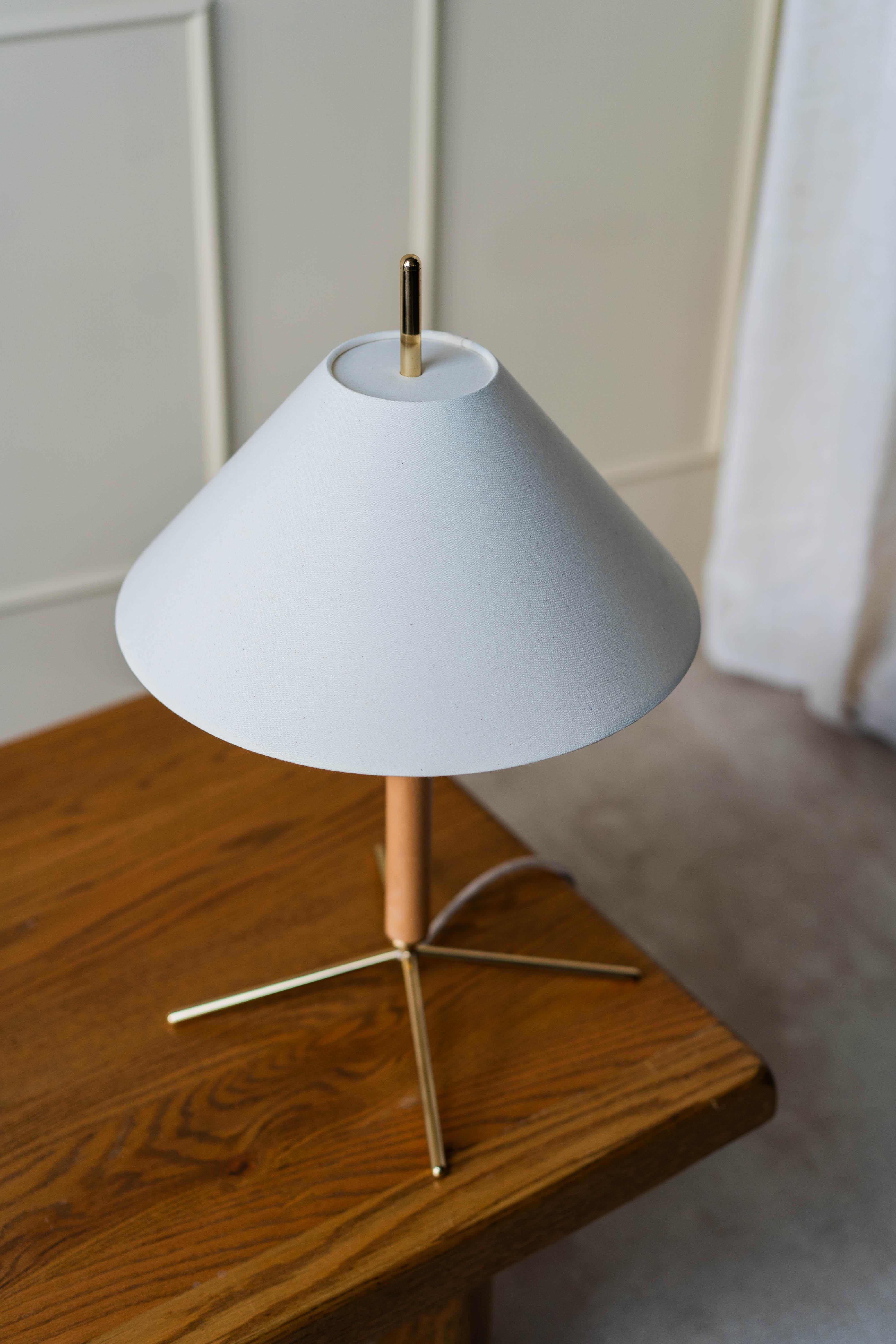 Modern Contemporary, Handmade Table Lamp, Fabric, Brass, Wood, by Mediterranean Objects For Sale