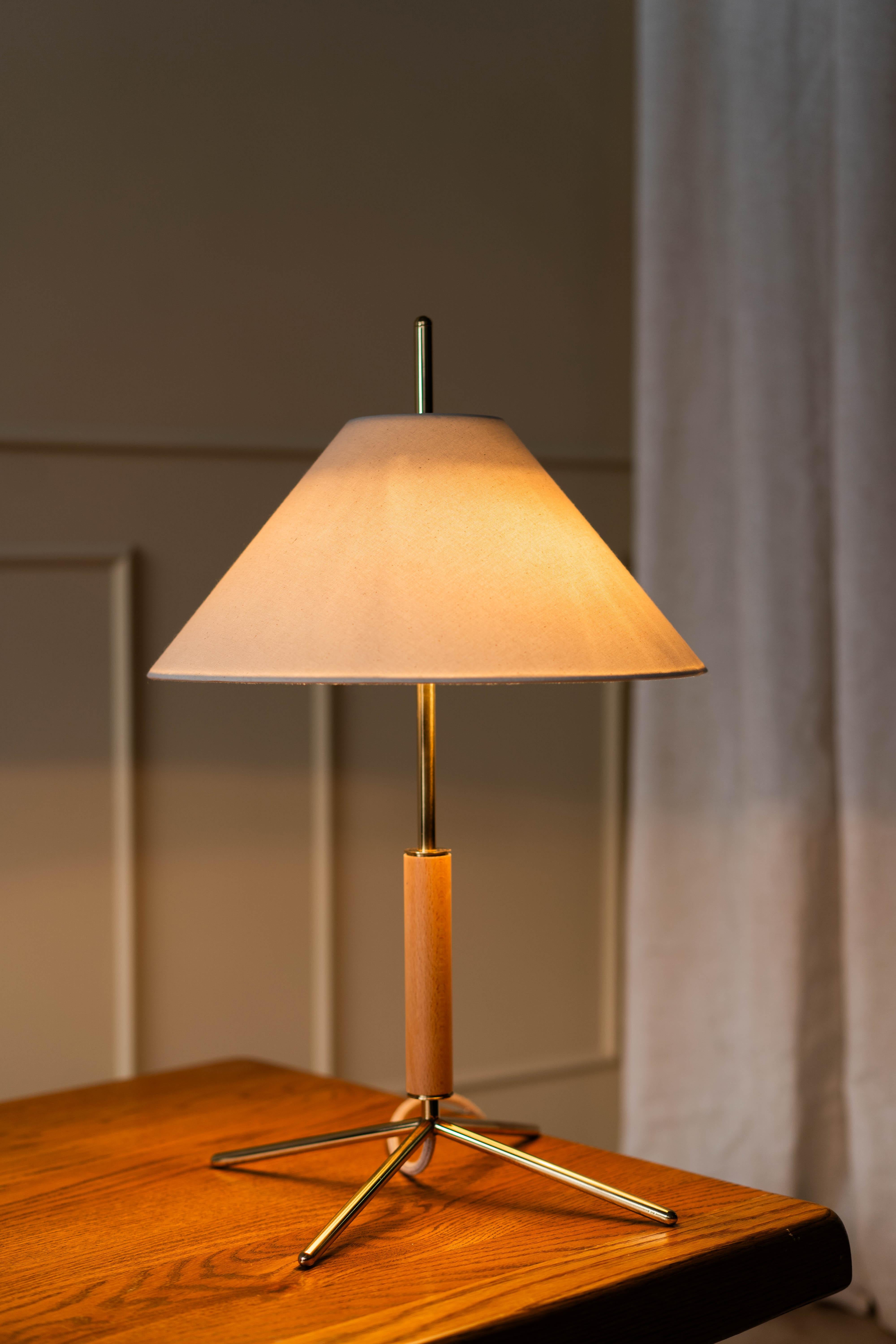 Hand-Crafted Contemporary, Handmade Table Lamp, Fabric, Brass, Wood, by Mediterranean Objects For Sale