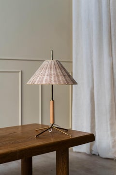 Contemporary, Handmade Table Lamp, Natural Rattan Shade, Polished Brass & Wood