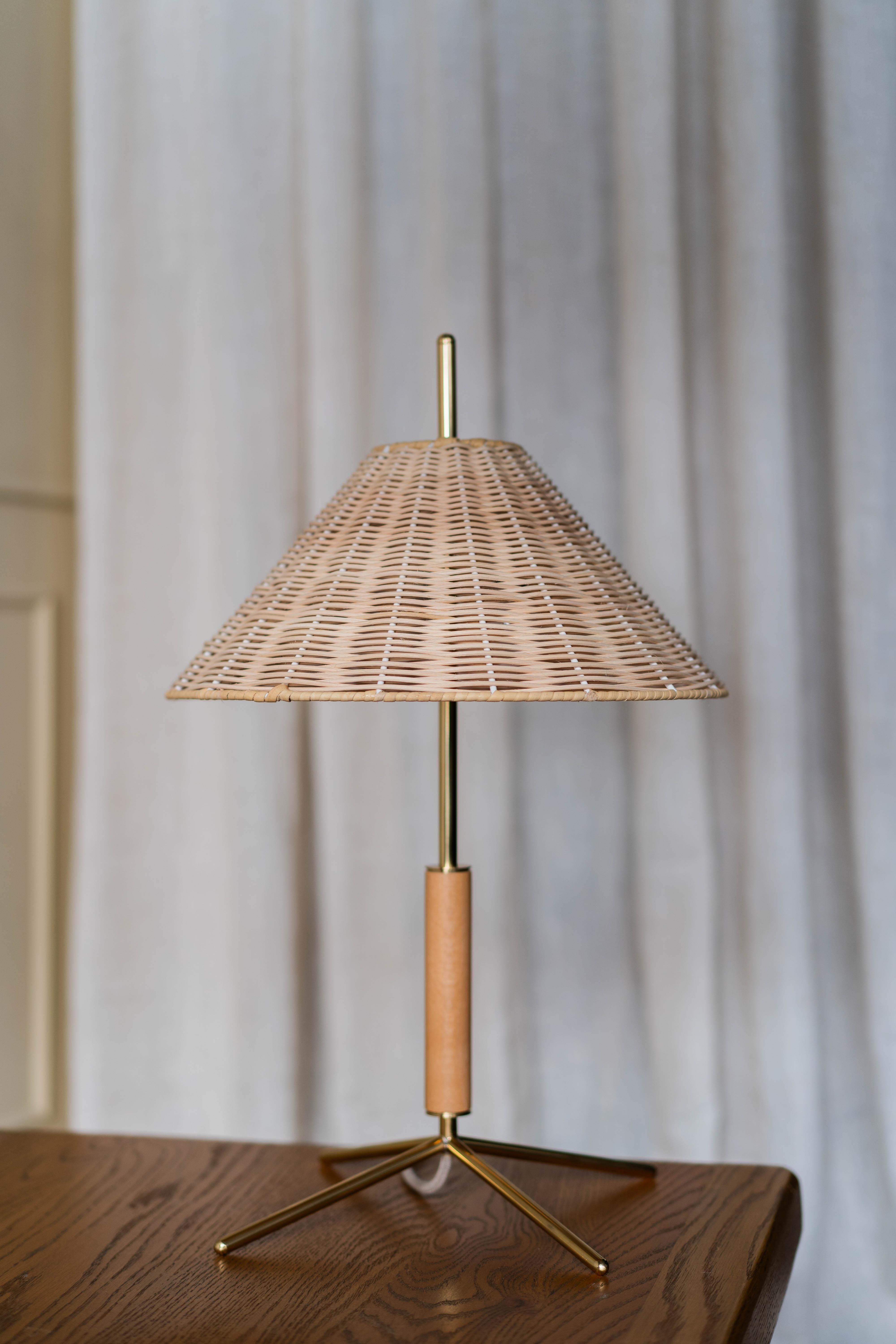 Spanish Contemporary, Handmade Table Lamp, Natural Rattan Brass, Mediterranean Objects For Sale