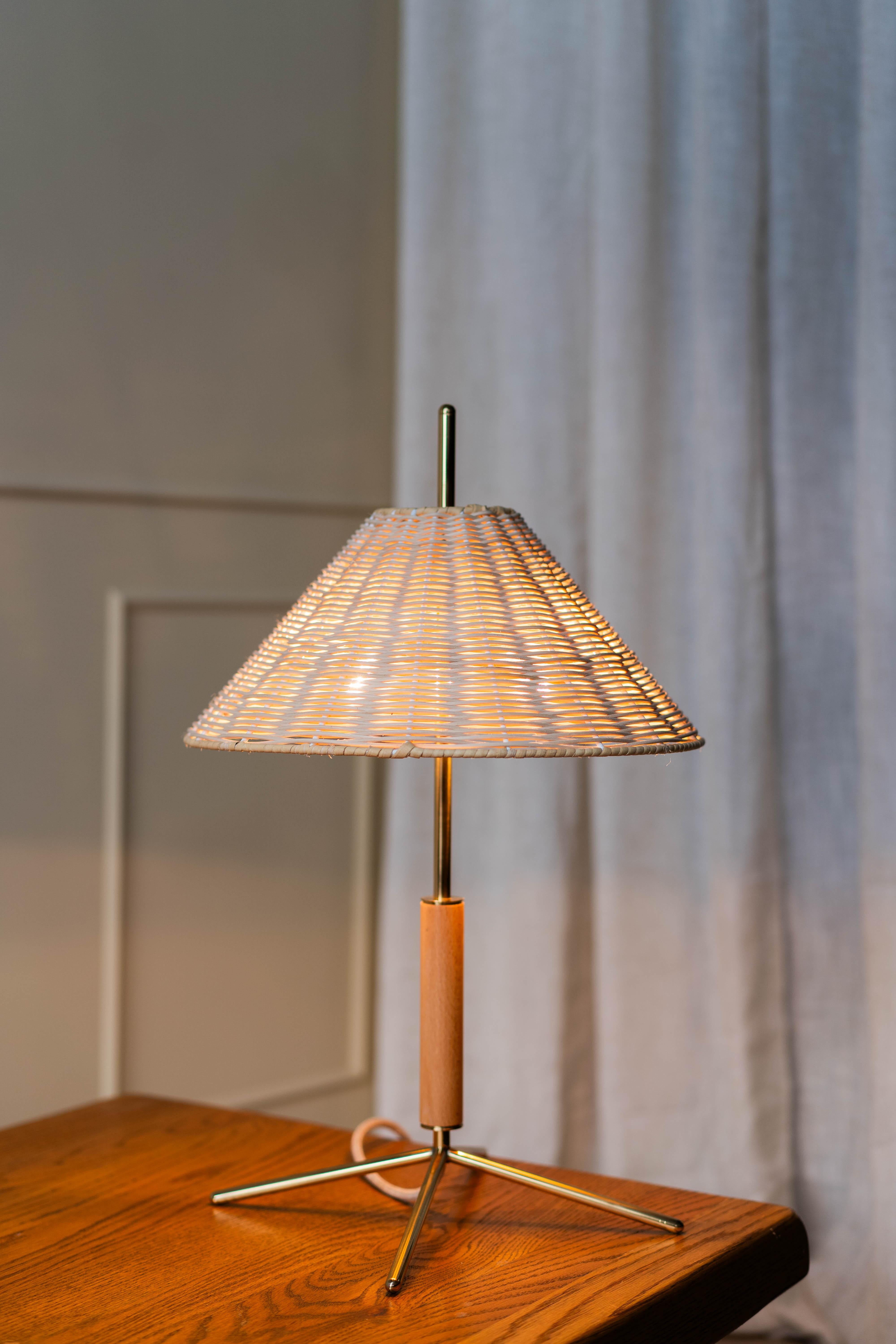 Hand-Crafted Contemporary, Handmade Table Lamp, Natural Rattan Brass, Mediterranean Objects For Sale