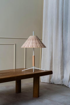Handmade Table Lamp, Natural Rattan & White Metal with Beech Wood