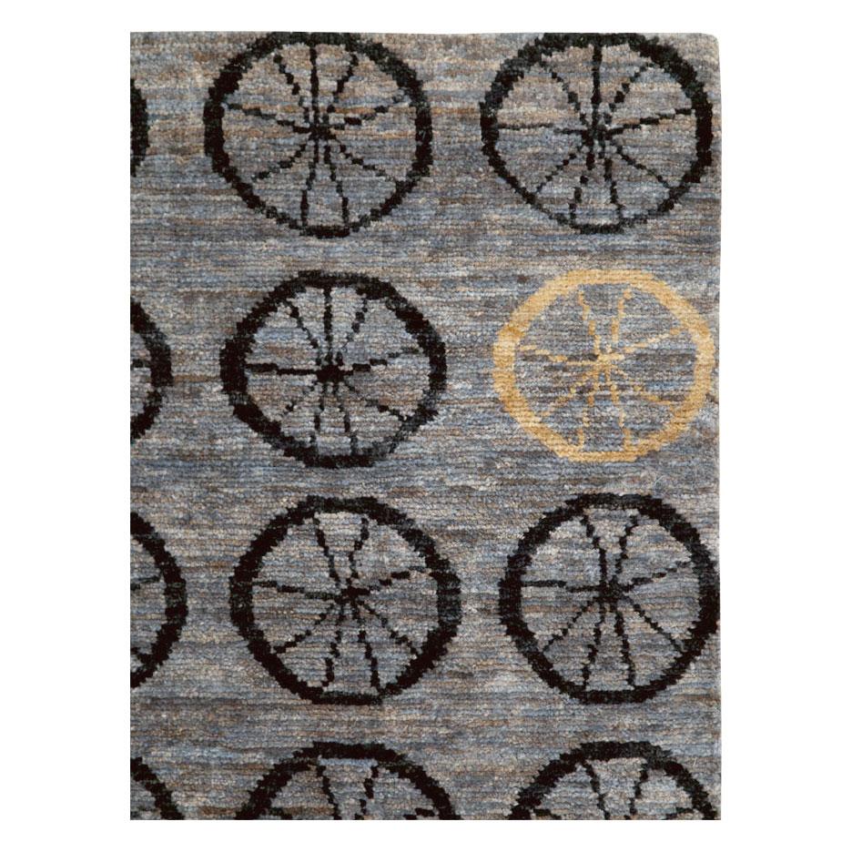 Hand-Knotted Contemporary Handmade Turkish Deco Room Size Accent Rug In Slate Grey and Blue For Sale