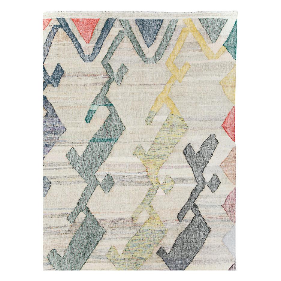 Hand-Knotted Contemporary Handmade Turkish Flat-Weave Kilim Geometric Room Size Carpet For Sale