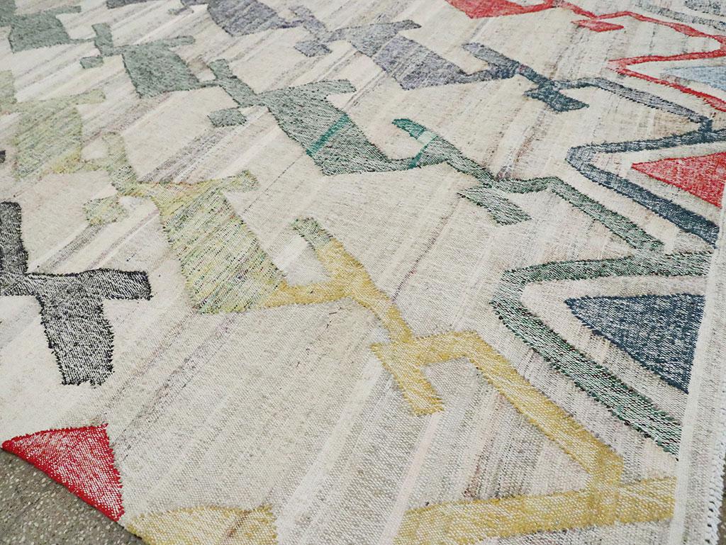 Contemporary Handmade Turkish Flat-Weave Kilim Geometric Room Size Carpet For Sale 3