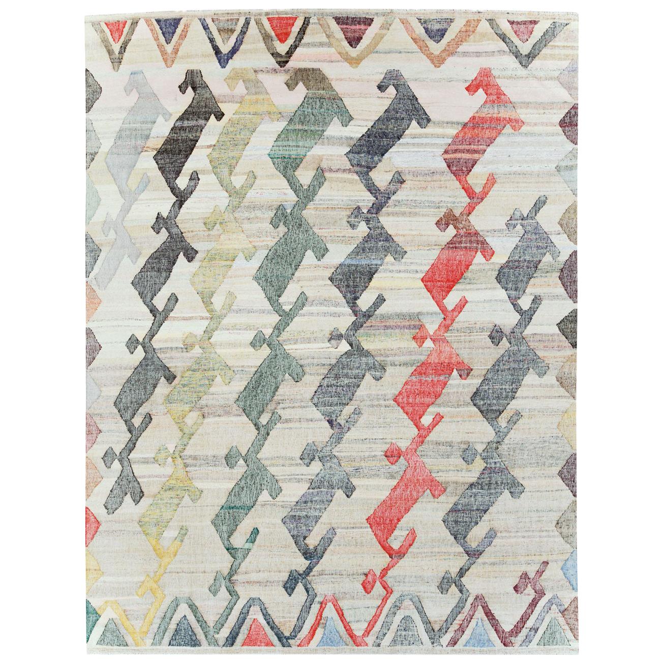 Contemporary Handmade Turkish Flat-Weave Kilim Geometric Room Size Carpet For Sale