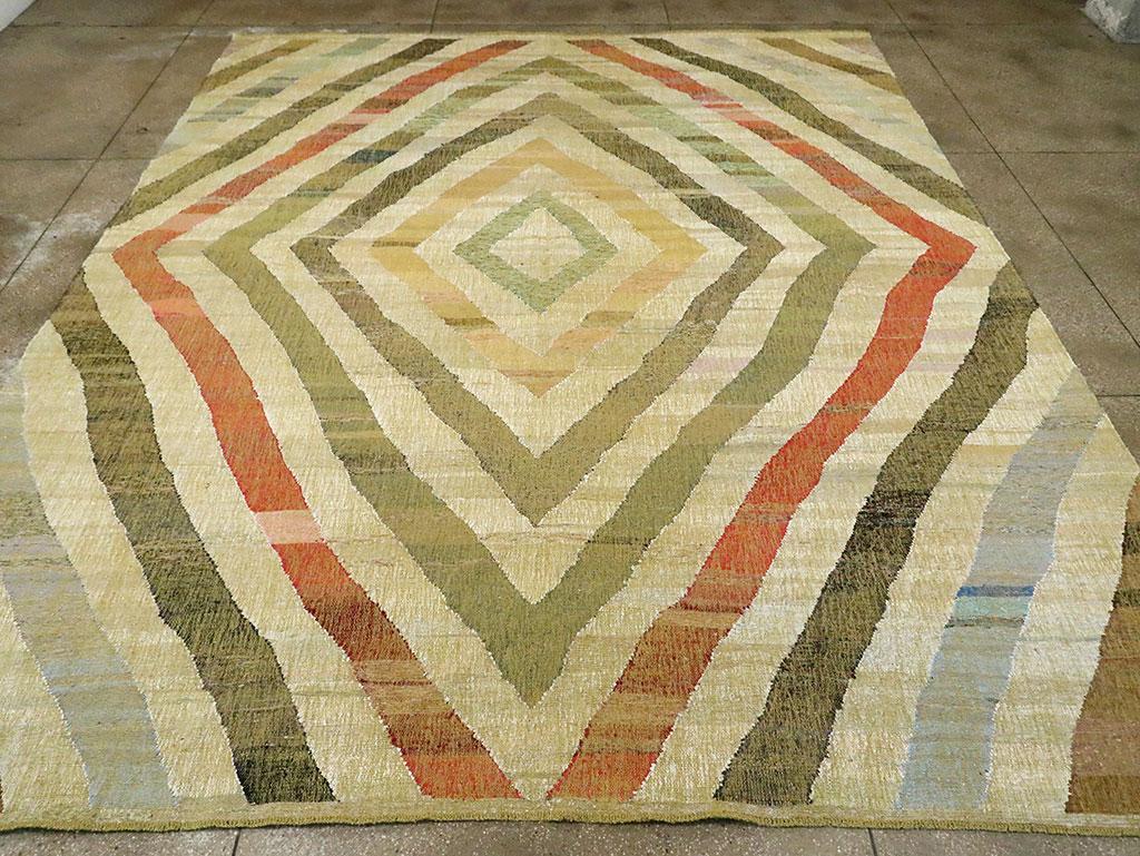 Hand-Woven Contemporary Handmade Turkish Flat-Weave Kilim Large Geometric Room Size Carpet For Sale