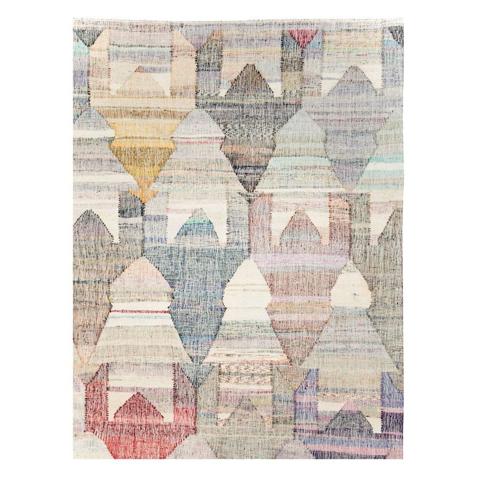 Hand-Woven Contemporary Handmade Turkish Flat-Weave Kilim Large Geometric Room Size Carpet For Sale