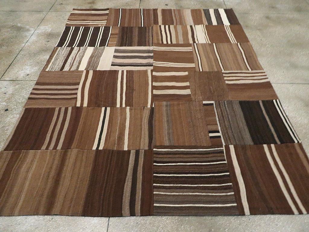 Hand-Woven Contemporary Handmade Turkish Flat-Weave Kilim Room Size Carpet in Brown Shades