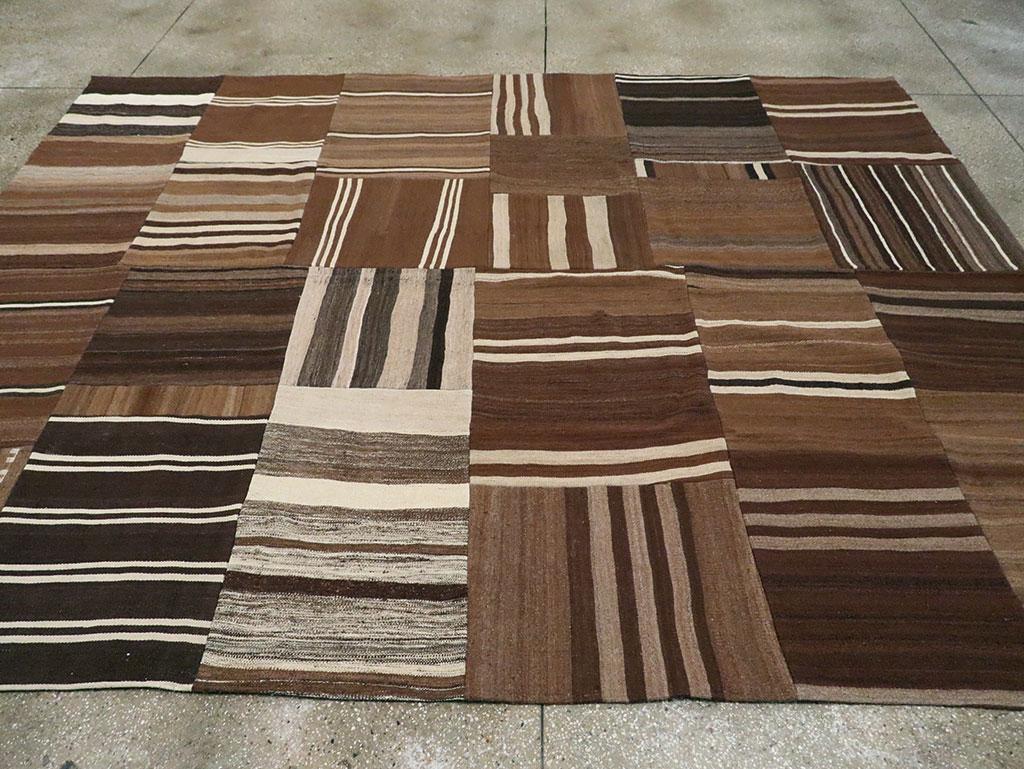 Wool Contemporary Handmade Turkish Flat-Weave Kilim Room Size Carpet in Brown Shades