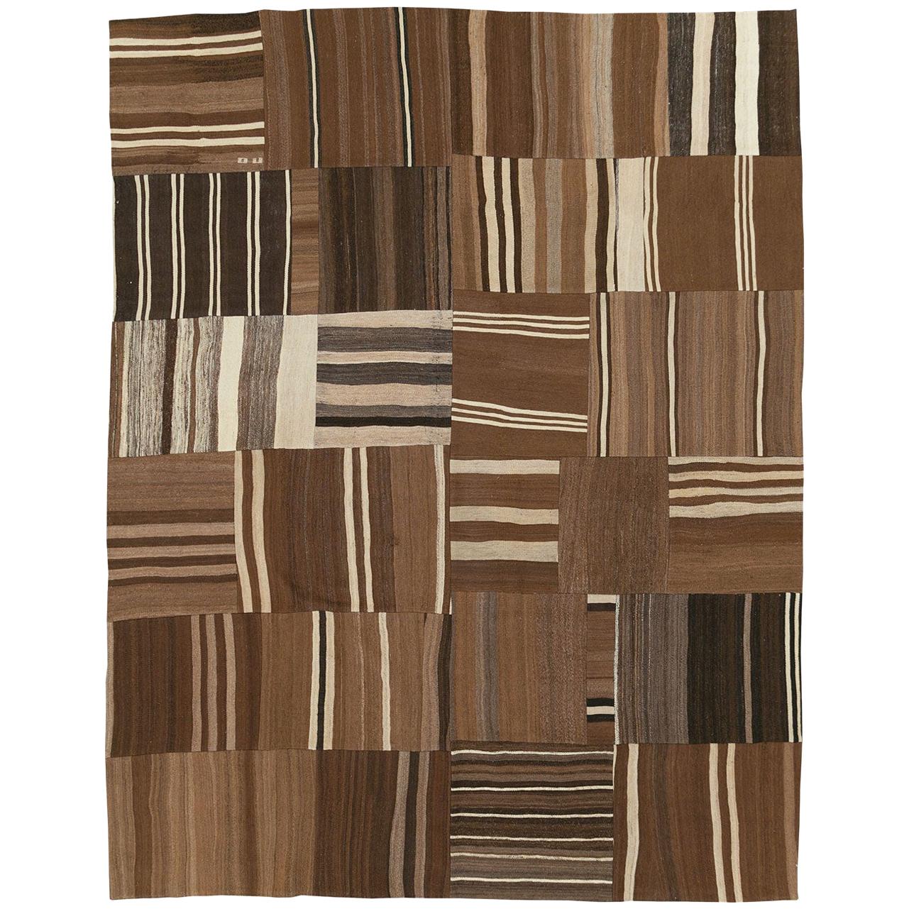 Contemporary Handmade Turkish Flat-Weave Kilim Room Size Carpet in Brown Shades
