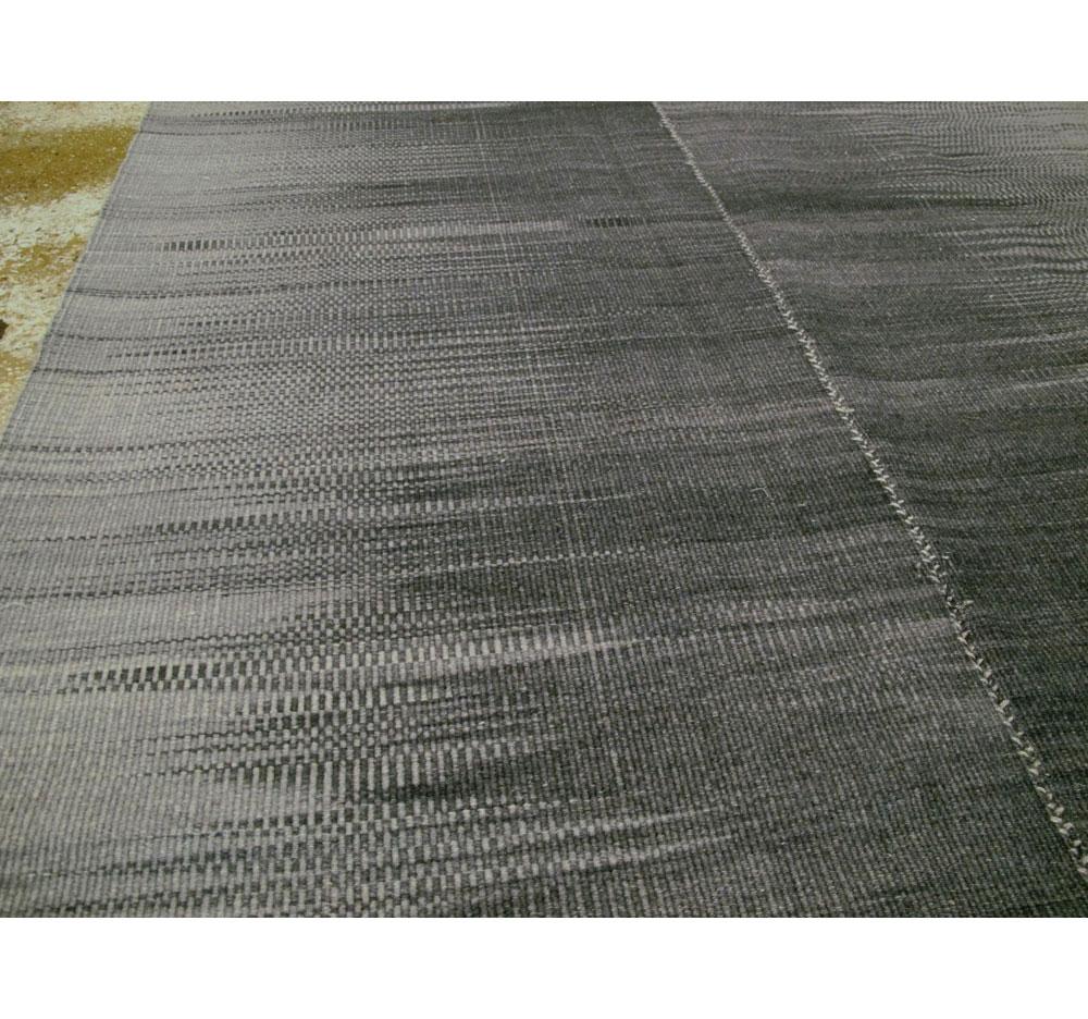 Wool Contemporary Handmade Turkish Flat-Weave Accent Rug in Black Charcoal Grey For Sale