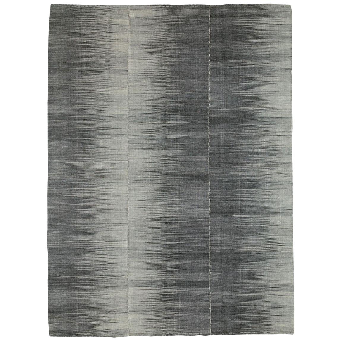 Contemporary Handmade Turkish Flat-Weave Accent Rug in Black Charcoal Grey