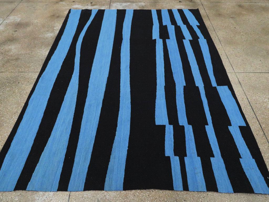Hand-Woven Contemporary Handmade Turkish Flatweave Kilim Accent Rug in Black and Blue For Sale