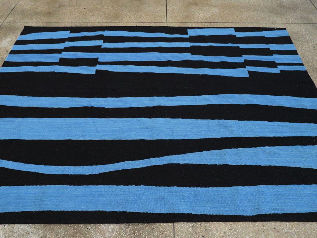 Wool Contemporary Handmade Turkish Flatweave Kilim Accent Rug in Black and Blue For Sale