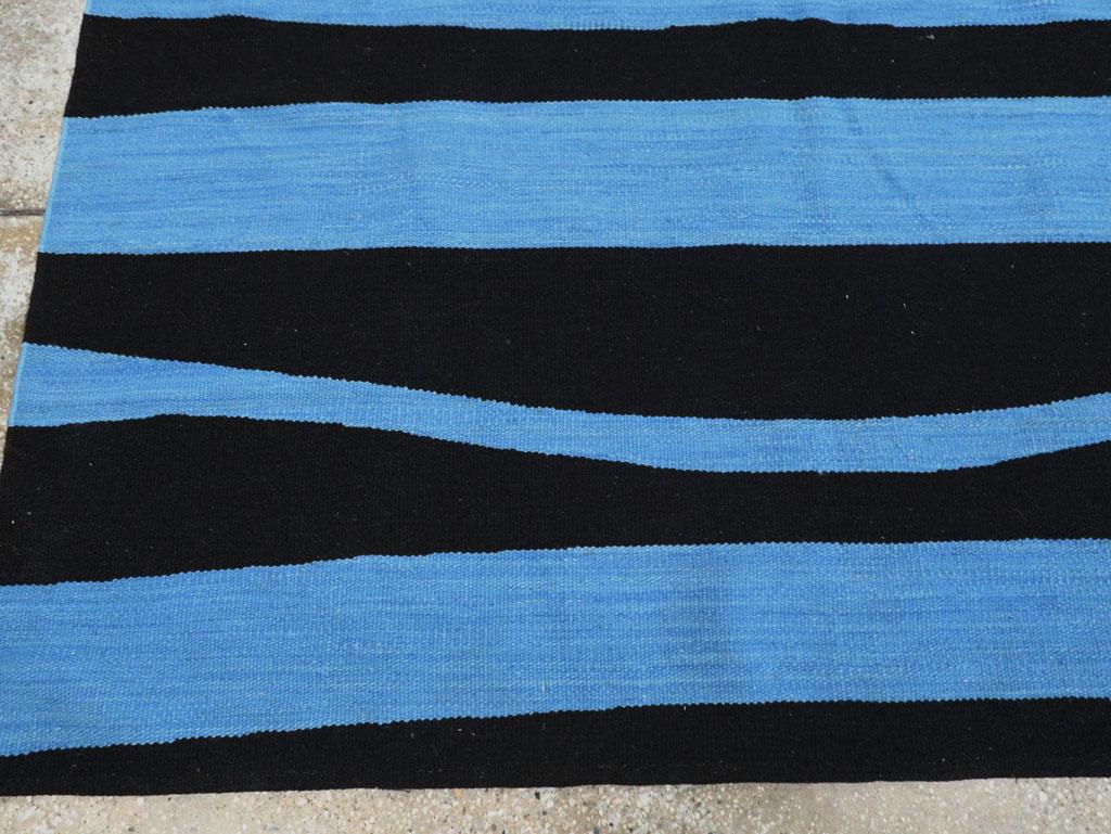 Contemporary Handmade Turkish Flatweave Kilim Accent Rug in Black and Blue For Sale 1